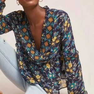 Anthropologie Meadow Rue Sheer Floral Blouse XL